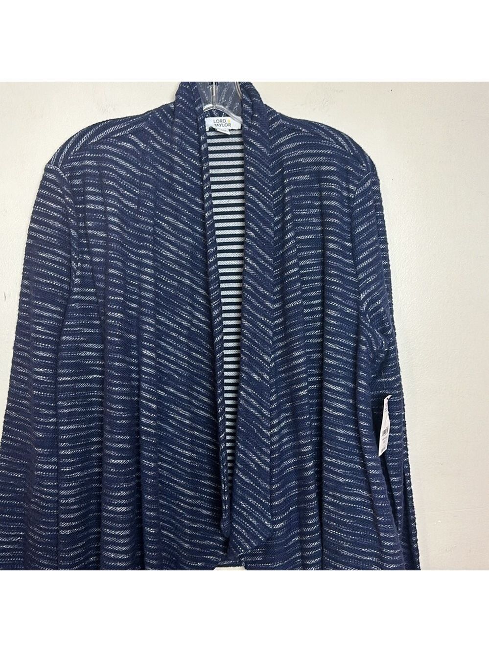 Lord & Taylor Waterfall Relaxed Fit Striped Navy Blue Open Front Cardigan - Picture 3 of 9